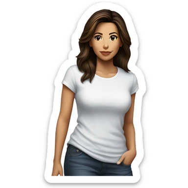 3/4 face, contrasted, shadow, light, Eva Longoria expression, standing from a distance, thin nose, brunette woman, hazel eyes, long eyelashes, dark shoulder shaded hair, white t-shirt, jeans, white sneakers sticker