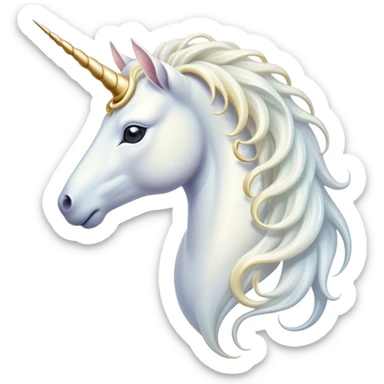 Cinematic Noble White Unicorn Portrait Emoji, Poised and regal, with a slender, ethereal form draped in a pristine white color, a flowing mane and tail, and a glistening, spiraled horn that radiates pure light, Simplified yet sharp and sophisticated features, highly detailed, glowing with a soft, iridescent luminescence, high shine, intelligent and transcendent, stylized with an air of mythical enchantment, focused and serene, soft glowing outline, capturing the essence of a watchful and confident white unicorn that appears ready to prance out of the screen with magical grace! sticker