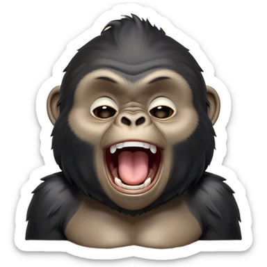 Cinematic Cute Yawning mountain Gorilla Portrait Emoji, Head tilted slightly with a dramatic, wide-open yawn, showcasing a formidable build with a black and greyy mane and drowsy, half-closed eyes, Simplified yet irresistibly adorable features, highly detailed, glowing with a soft, cozy jungle glow, high shine, relaxed yet expressive, stylized with a dash of whimsical primate charm, soft glowing outline, capturing the essence of a drowsy yet affectionate guardian that appears ready to stretch out for a nap! sticker