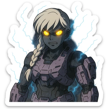female, wearing reach spartan armor shoulder-unequip, long white braid hair with massive messy front side single bangs, gold yellow eyes, attention pose, D-cup size, HALO:series, no helmet, the armor is lavender color scheme, eyes glowing, demon eye, gleam, rage aura, body steaming dark gray, blue electricity, mouth clowed scowling sticker
