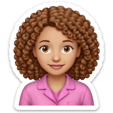 smiling woman with curly brown hair wearing pink pajamas, iPhone emoji style sticker