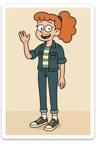 A girl Orange curly ponytail white green stripes ddre sshair jacket jeans blue sports striped socks brown converse women's chuck taylor all star shoreline slip on casual shoe wave and say hello sticker