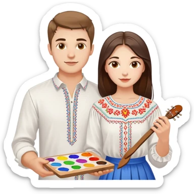 a guy in a white Ukrainian embroidered shirt and a girl in a white Ukrainian embroidered shirt, holding music and a paint palette sticker