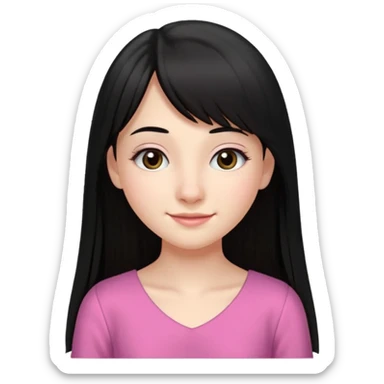 Cabelos pretos longos lisos ,olhos castanhos escuros puxadinho para cima com cílios grandes Pele clara ,nariz pequeno ,lábios mais carnudos ,adolescente 16 anos , com vestido de alinhamento rosa. Cabelo repartido ao meio com franja na altura do nariz  sticker