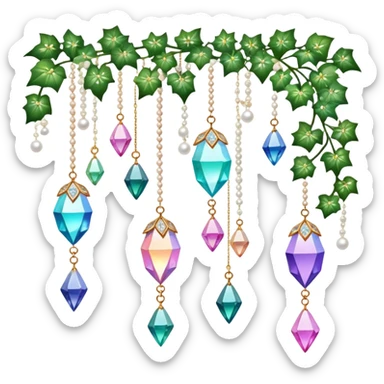 Exotic romantic Few cute tiny Iridescent glistening glossy sparkly shiny glittery hanging crystals pearls and beads and gemstones scenery scenic decorations with ivy and flowers sticker