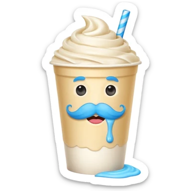 milkshake in a paper cup with blue mustache sticker