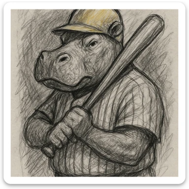 hippo holding a baseball bat, wearing a yellow helmet, pinstripes outfit sticker