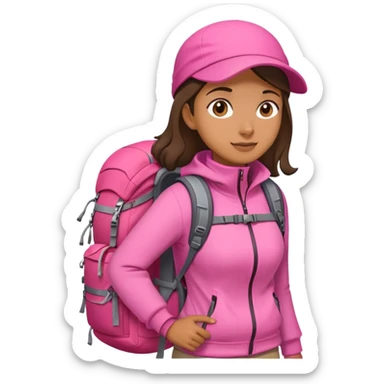 woman wearing pink clothes with hiking backpack sticker