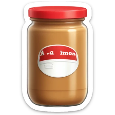 A plain glass jar containing smooth brown peanut butter. Red lid on top. No decorative elements, no faces, no kawaii style. Simple product container design with basic label area. sticker