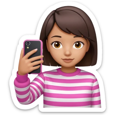 Emoji of a cute 3D girl with short dark brown bob hairstyle, wearing a pink and white striped sweatshirt. She is holding a phone and taking a selfie, white background.

 sticker
