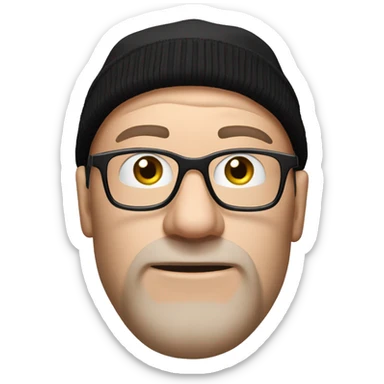 a white-skinned man in a black winter hat, two horns grow from his forehead, he wears glasses and a red Manchester United T-shirt sticker