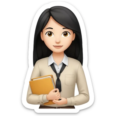 a light tan woman with long black hair past mid-back, round brown eyes, with folders in her hands. she has a id lanyard on and white professional blouse. sticker
