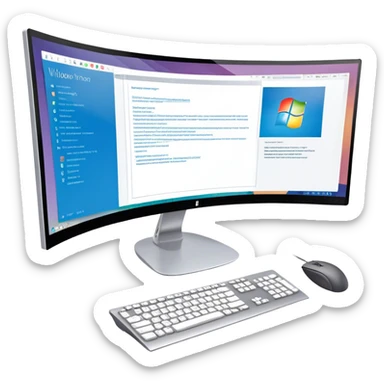 Create an emoji for UX/UI design. Show  large curved monitor displaying windows with UX/UI design HTML program interface. Include a mouse, keyboard, and stylus next to the screens. Use modern, professional colors. Do not include any emojis or smiley faces. Make the background transparent. sticker