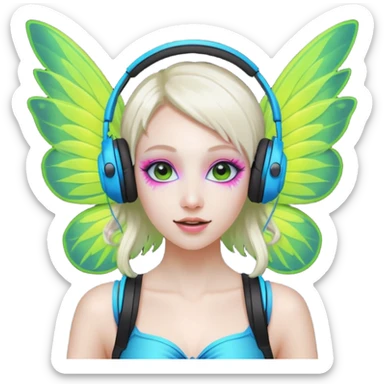 hard techno rave fairy, wearing headphones, dancing, neon wings, minimal background sticker