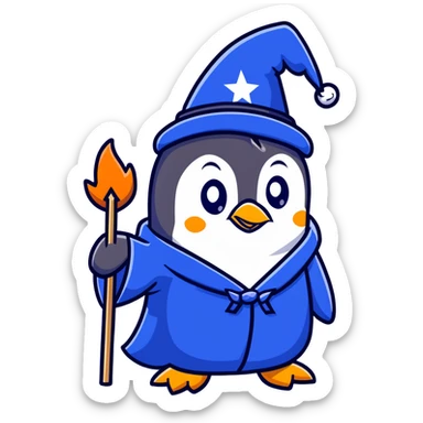 A penguin in a blue wizard robe and pointy hat with stars, casting a magical spell sticker