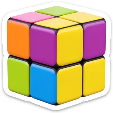 A 3x3 Rubik's Cube with candy-colored bright scheme: bubblegum pink, lemon yellow, bright blue raspberry, lime green, grape purple, tangerine orange, minimalist iOS emoji style sticker