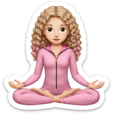 Girl with long curly fair hair and hazel eyes with а mole to the left of the lips in a light pink sport suit sitting in a lotus pose. sticker