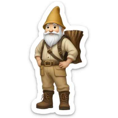 side view of gnome with light tan pants and light tan boots squatting above small brown log sticker