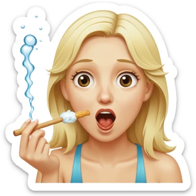 blond woman eating a wide stick the same color as her skin, with a bite taken out of the edge, water stream squirting directly from the stick into her open mouth, surprised expression sticker