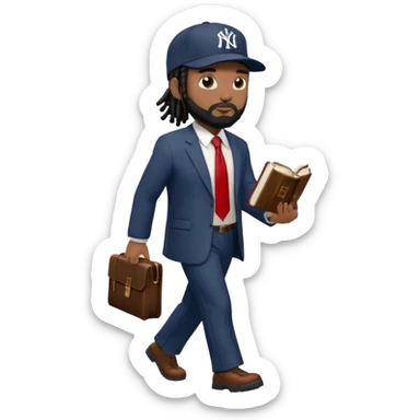 African American man with shoulder length black dreadlocks with black beard wearing a New York Yankees logo baseball cap wearing a suit with red tie walking right with a Bible in hand sticker