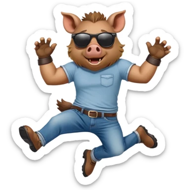 friendly anthropomorphised boar in jeans and a t-shirt, wearing dark sunglasses, jumping pose sticker