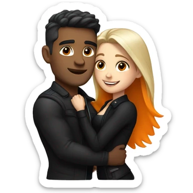 A muscular, well-shaped, slightly brunette man wearing a black jacket and a woman with light blonde, black and orange hair hugging him. sticker