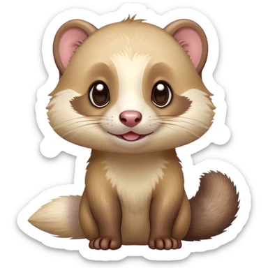 Cinematic Cute Ferret Portrait Emoji, Head tilted playfully, with an elongated, flexible body and a characteristically curious expression, featuring a short, pointed snout, bright, sparkling eyes, and soft fur in warm brown and cream tones, Simplified yet irresistibly adorable features, highly detailed, glowing with a warm, friendly glow, high shine, affectionate and lively, stylized with a touch of whimsical mischief, soft glowing outline, capturing the essence of a fun-loving and mischievous ferret that feels like it could scamper straight into your heart! sticker