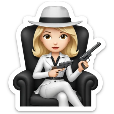 Mafia blondes Evil woman in hat , gun ,black armchair , white costume  sticker