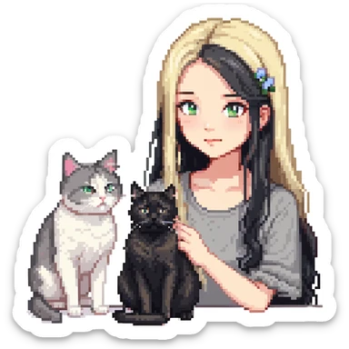 Beautiful girl with long black hair petting a gray and blonde mixed cat sticker