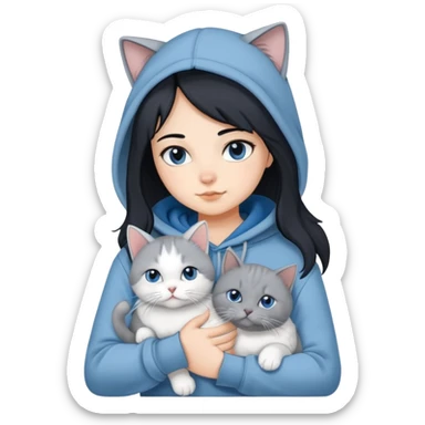 Girl with black hair wearing gray hoodie with a British shorthair blue and white cat and a long-haired blue and white cat sticker