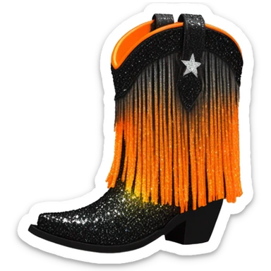 Realistic short neon Orange to black ombre fashion cowgirl boot with sparkly shiny glitter fringe on them. sticker