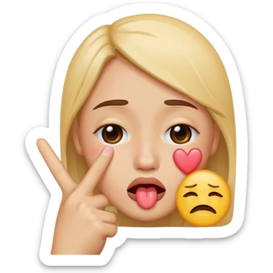 Emoji face crying while doing a kissy face holding up the peace sign sticker