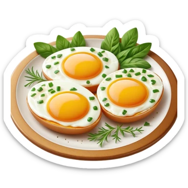 Cinematic sunny-side-up eggs, perfectly cooked with glossy yolks, crispy golden edges, sprinkled with fresh herbs, served on a rustic plate, bright and inviting, highly detailed and appetizing. sticker