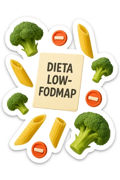 BROCCOLETTI E PENNE DI PASTA RIGATE FLUTTUANO IN ARIA insieme a piccoli divieti 3d, DAVANTI A LORO FLUTTUA UN FOGLIO CON LA SCRITTA "dieta low-fodmap" sticker