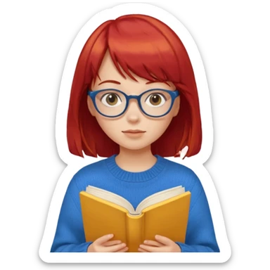 a girl with red hair and bangs with glasses wearing blue sweater reading a yellow cover book sticker