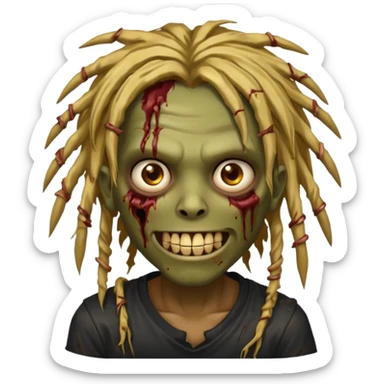 zombie with brown skin, messy gold dreads hair, wide centered brown eyes, dark bloody marks under the eyes, and a smile showing shiny metal teeth,black shirt, giving a distressed, undead look. sticker