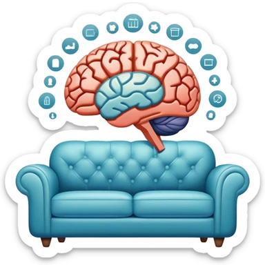 An icon featuring a brain, a couch, and a psychological test, symbolizing the study of psychology. The design includes abstract patterns representing the mind, with a calm, therapeutic setting in the background. Transparent background highlights the exploration of human behavior and mental health. sticker