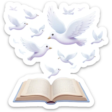 Create a dreamy, poetic emoji representing poetry. The design should feature several elegantly flying pages with short poetic columns written on them, surrounded by fluffy, soft clouds. small white silhouettes of birds should be flying out from the clouds, creating a sense of freedom and inspiration. The pages and a white feather should symbolize creativity and poetic flow. Use pastel tones like light blues, purples, and creams for the pages and background, while the clouds should be soft and ethereal. The overall design should feel whimsical, serene, and full of poetic charm. Make the background transparent. sticker