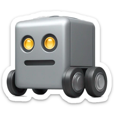 solid rectangle gray delivery robot with white circle white led eyes and opening lid on 4 wheels with food, minimalistic design sticker