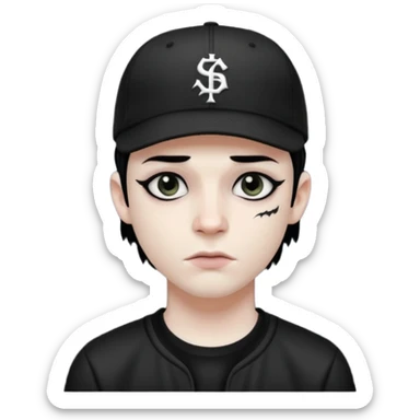 Black goth man with backwards baseball cap sticker