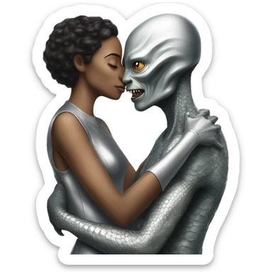 https://www.emojis.com/emoji/man-2JXaa2N7QE9  hugs and kissing Alien reptilian woman in silver dress  sticker