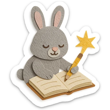 highly detailed, high quality paper craft style illustration of a gray bunny writing in a notebook with a spark of light, intricate textures, soft lighting, delicate cut-paper details sticker