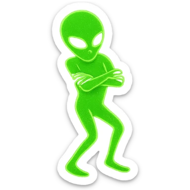 Edit the alien dancing neon green image to have crossed arms and a slightly changed pose for animation frame 5. Keep it almost identical to the reference with a transparent background. sticker