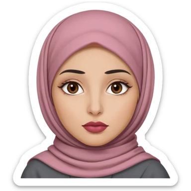 Emoji of a young woman with light-medium warm skin, slate-grey hijab, oval face, dark full brows, almond brown eyes, straight nose, full lips with matte rose lipstick. Expression: one eyebrow raised, flat mouth, skeptical like 🤨 sticker