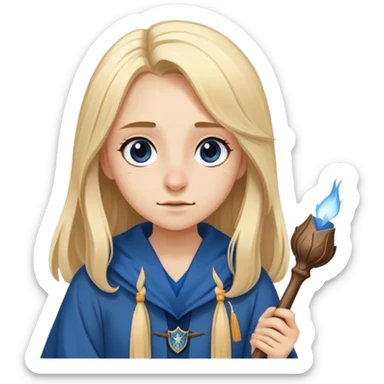 Girl with Long straight light blond hair hawky nose with a ravenclaw Robe and a wooden small wand sticker