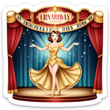 Icon for Broadway Musical: A vintage theater poster-style design featuring a grand stage with bright lights, a shining spotlight, and a glamorous performer in a dazzling costume. Include elements like musical notes, curtains, and Broadway signage. Retro cinematic style. Transparent background. sticker