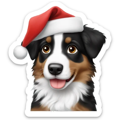 black white and brown australian shepherd puppy with santa hat sticker