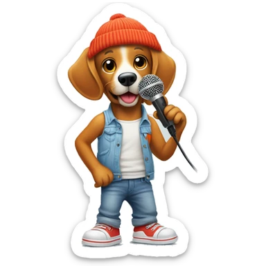 Anthropomorphic cartoon dog with simple face. Wearing orange beanie, light blue tank top, baggy jeans, and bright red shoes. Holding microphone sticker