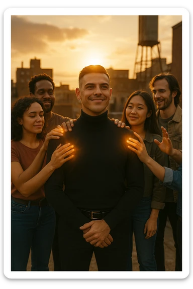 A cinematic scene of a man in his early 30s standing at the center of a sunlit urban rooftop during golden hour, surrounded by a diverse group of supportive, smiling people — friends, mentors, colleagues. They’re standing slightly behind or beside him, hands on his shoulder or gesturing toward him with encouragement. The man looks forward with a confident, inspired expression, body slightly relaxed, as if something inside di lui sta cambiando. The light behind the group forms a halo effect, emphasizing warmth and unity. Subtle visual symbolism: faint glow around their hands and hearts, suggesting their energy is uplifting him. Realistic clothing, modern style — jeans, T-shirts, casual jackets. The mood is inspiring, grounded, and full of potential. Shot in 35mm film style, with rich warm tones, shallow depth of field, and vibrant human detail. sticker