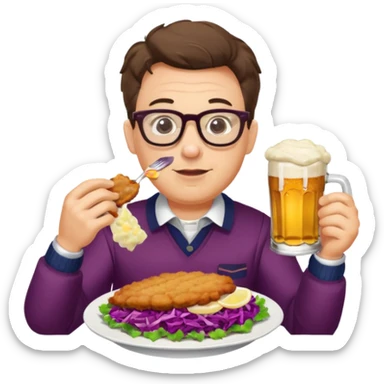 Man with glasses german eating schnitzel, red cabbage, sauerkraut, potato salad, and beer sticker